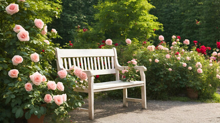 A Rustic Bench in the Fragrant Garden, Empty bench with view of tranquil garden surrounded by blooming flowers and greenery