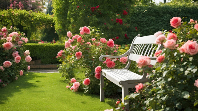 Garden bench under the tree with blooming roses in the park, There is a bench in the middle of a garden with roses, Rustic garden with trellises and peonies in bloom