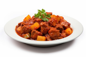 A plate of classical hot ragout, goulash or stew with meat and vegetable on white background