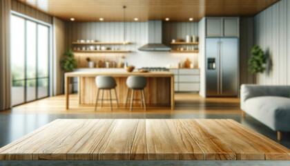 Empty wooden table with kitchen in background