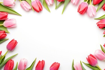 Frame of red and pink tulips on white background.