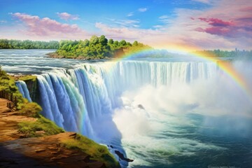 Picturesque waterfall cascading over a cliff, with a vibrant rainbow arching over the river below. Ideal for nature or travel-related projects. Illustration