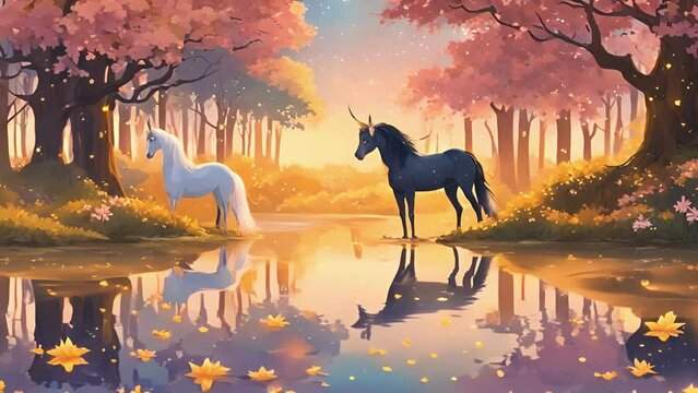 heart grove, peaceful pond reflects perpetual twilight, surface sparkling with specks gold. majestic unicorn, with golden horn coat shimmering stars, stands waters edge, 2d animation