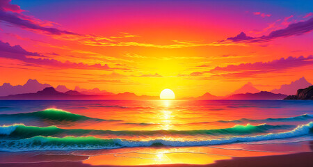 美しい海岸の夕日 - obrazy, fototapety, plakaty