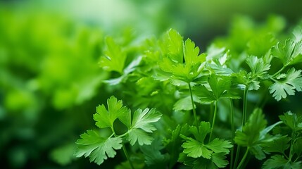 A selective focus and blurry background are present in this photo of green parsley in the garden