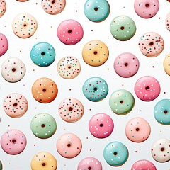 Fototapeta na wymiar Cartoon pattern of donuts in glaze on a white background. Donuts pattern for printing on fabric, paper, children's clothing, stationery, plastic. Sweet colorful donuts ornament top view drawing. 
