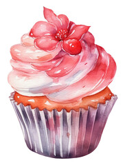 Watercolor illustration of a Valentines cupcake. Transparent background, png. Ai generated.