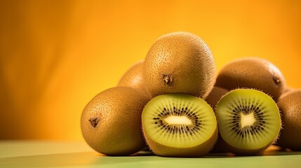 A bunch of kiwi fruit that has a yellow background