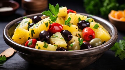 A bowl of olives is topped with a pineapple.