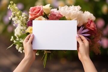 Hands holding empty card with assorted flowers in background