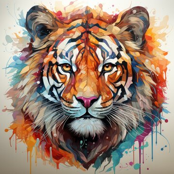 Bright portrait of a tiger splash of paint art. Tiger drawing in pop art style for printing on fabric, paper, plastic, stationery and clothing. Beautiful tiger art, illustration. Generative ai.