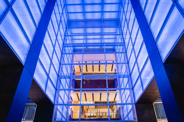 Blue geometric building premises.