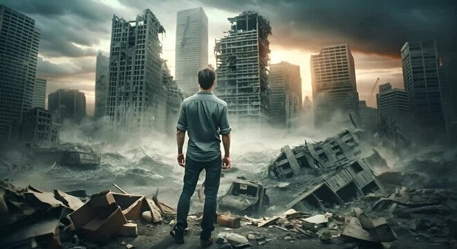 Man standing in front of a destroyed city