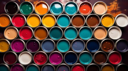 Paint cans that are flat and colorful can be laid out on a flat surface