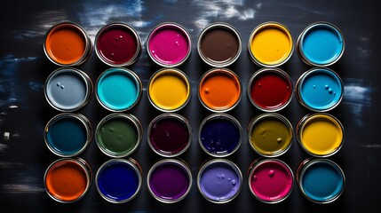 Paint cans that are flat and colorful can be laid out on a flat surface