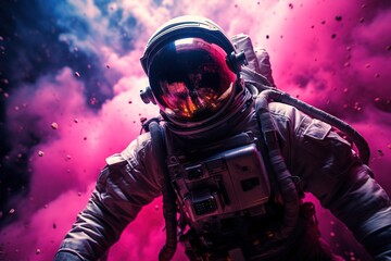astronaut in a spacesuit and helmet against a background of pink nebula