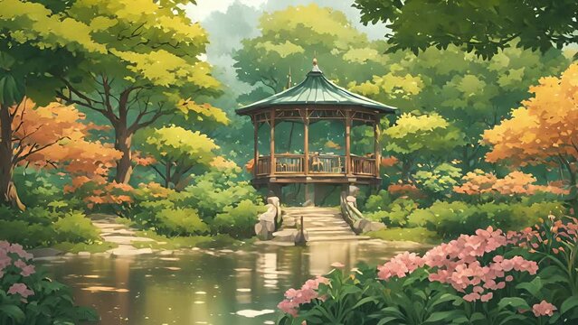 secluded garden gazebo hidden towering trees, with gentle sounds babbling brook soft rain creating natural lofi ambience. stream overlay animation