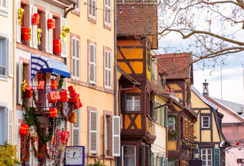 Old town of Colmar, decorated and illuminated at Christmas time, Alsace, France