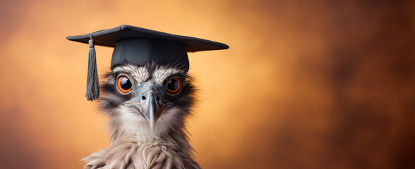 An ostrich with a graduation cap looks on with an inquisitive expression, set against a warm, blurred background.
 - obrazy, fototapety, plakaty