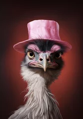Zelfklevend Fotobehang A poised ostrich wearing a pink top hat offers a playful and stylish portrait against a dark backdrop.  © Liana