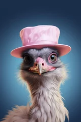 Foto op Plexiglas Portrait of a whimsical ostrich wearing a stylish pink hat against a blue background, a humorous and vibrant image.  © Liana