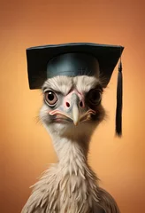  An ostrich with an amusingly serious expression wears a graduation cap, set against a warm-toned background.  © Liana