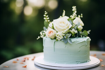 A single-tier pastel green cake with elegant white and peach roses, complemented by small white flowers and green leaves.