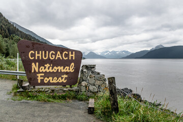 Chugach National Forest Sign Leading To Mountainscape Along Turnagain Arm in Alaska