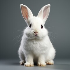 
Cute white rabbit isolated. White hare close-up. Easter bunny. Veterinarian consultation. Rodent specialist. Smart pet furry rodent. Food for rodents. Generative AI.
