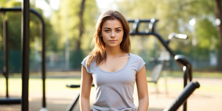 attractive young woman standing on sports equipment in park, generative AI