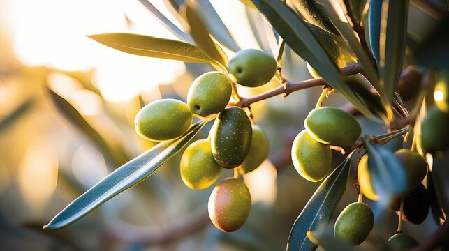 A high quality image of young olive fruit on an olive tree with discernible feet.