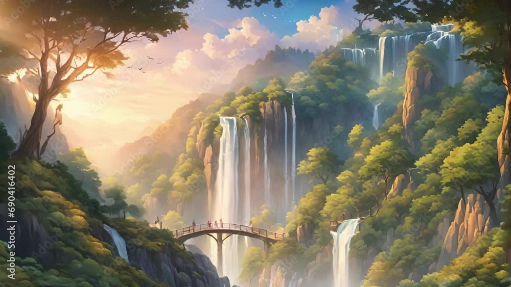 Poster journey through winding forest path, ethereal waterfall comes into view, cascading down glittering c