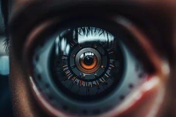 Poster Extreme close-up of a human eye with mechanical details, suggesting a cyborg or futuristic concept. © Enigma
