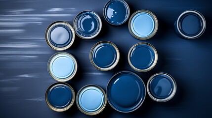 The arrangement of blue paint cans with a top view.