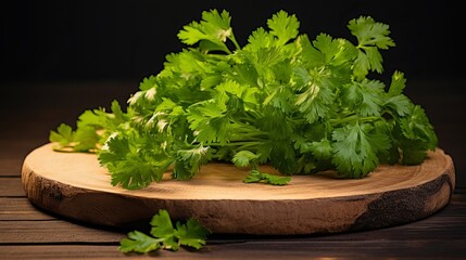 The top half of the coriander is shown on a round wooden board with an amber background.