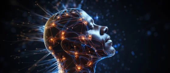 Poster Futuristic digital human head profile with neural network brain, AI concept, tech innovation, blue glow. © ZenOcean_DigitalArts