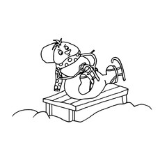 Disgruntled snowman puts on skates while sitting on a bench.  Winter Christmas illustration of a fairy tale character. Vector EPS 10.