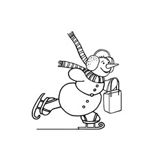 Vector illustration of a cheerful snowman skating on ice.