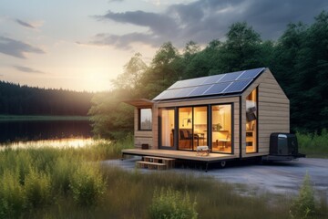 self-sustainable tiny home in woods, of greed, solar panel