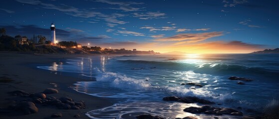 Lighthouse by the sea at twilight, serene beach scene, coastal sunset, tranquil ocean, reflective shores, dusk light.