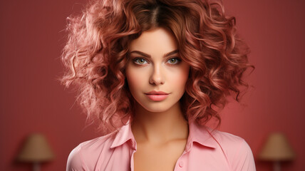 Naklejka premium young woman with curly hair on pink background