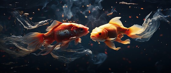 Elegant goldfish swimming in dark waters, vibrant orange hues, fluid movement, underwater grace.