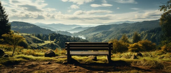 Solitary bench overlooking majestic hills, autumn tranquility, scenic landscape, peaceful viewpoint.