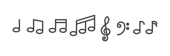 Set of music notes vector icon Musical note icon set. Music notes icons collection. Musical note vector. Music elements. Simple musical note signs. Isolated music notes on transparent background. 