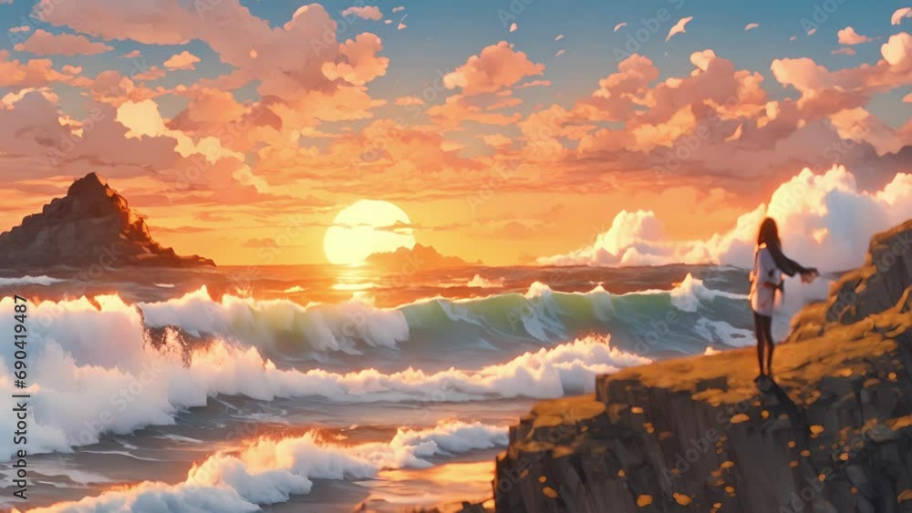 Poster sunset cast warm glow over behavioral bay, where lone figure stood edge cliff, observing waves compl