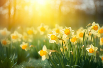 Obraz premium Beautiful bright yellow daffodil flowers blossoming in a garden on sunny spring day. Narcissus blooming in nature.