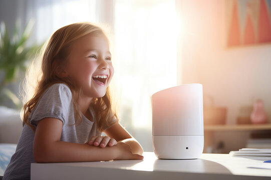 Cheerful little child talking to a smart speaker in a living room. Virtual assistant with AI voice recognition on a table.