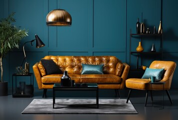 Modern Living Room with Blue Wall and Yellow Leather Sofa