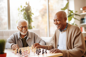 Two senior friends in a retirement home. Elderly men playing table game in a nursing home. Housing facility intended for the elderly people. - obrazy, fototapety, plakaty
