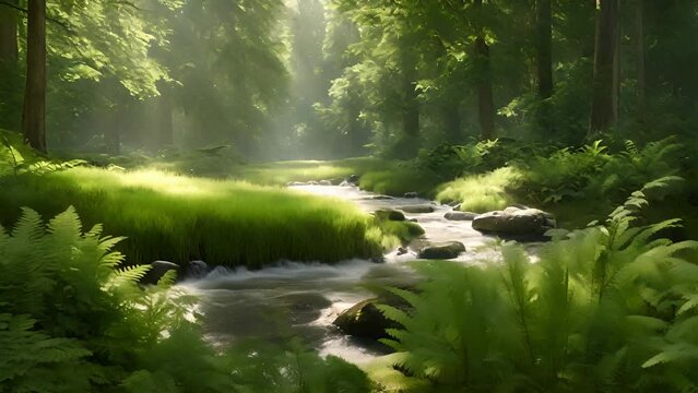 edge Sylvan Symphony Meadow, crystal clear stream flows gently, sound water blending seamlessly with symphony wind trees. Lush green ferns line banks, adding magical 2d animation